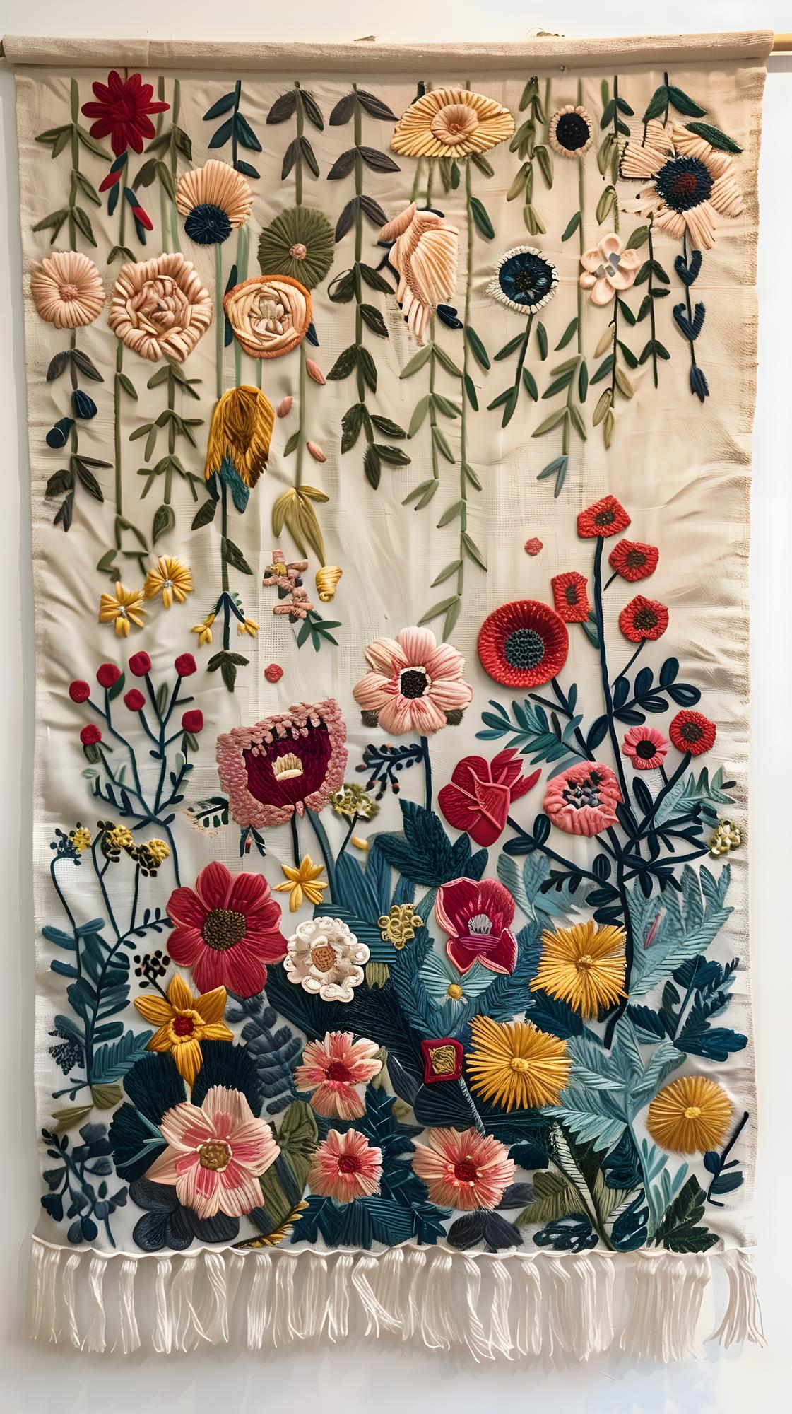 duży haftowany panel z motywem roślinnym