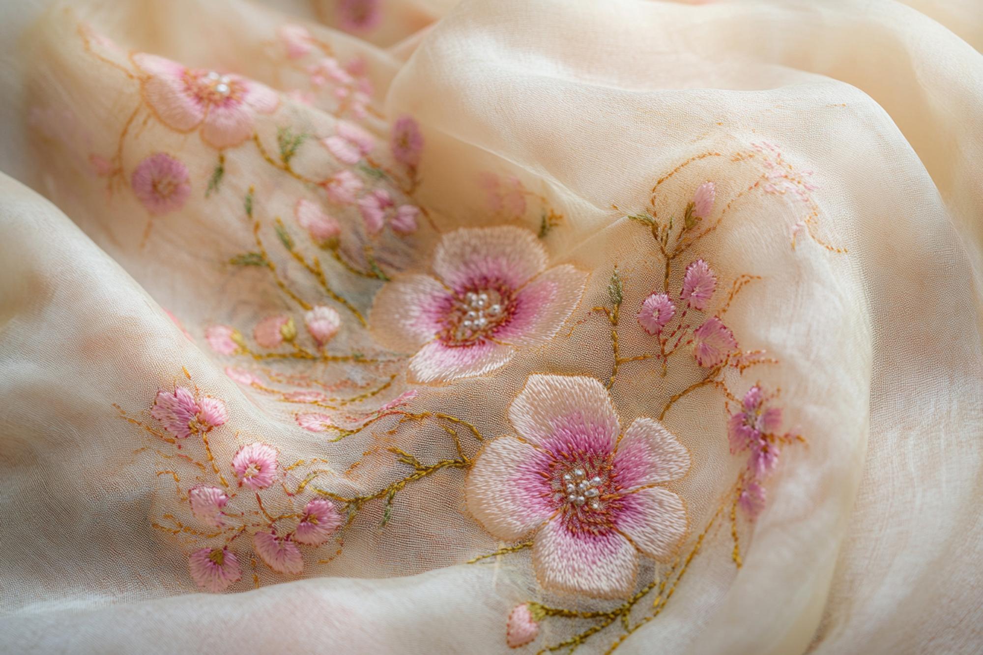 detal haftu na lnianej tkaninie